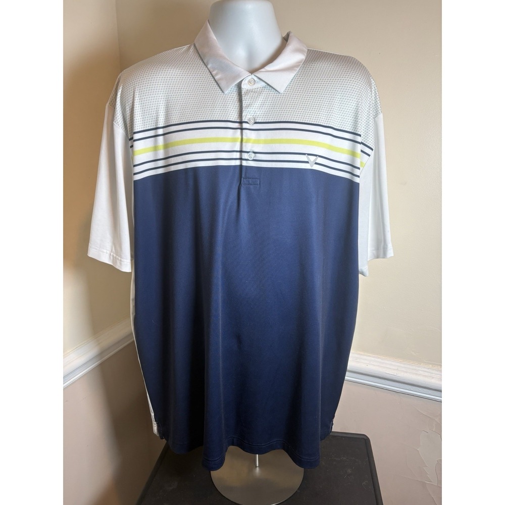 Callaway Golf Polo Mens XXL White/ Navy/Yellow OptiDri Stretch Performance Shirt